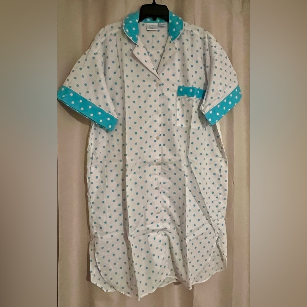 Vintage Quiet Moments Teal Polka Dot Button Front Sleep Shirt OSFM